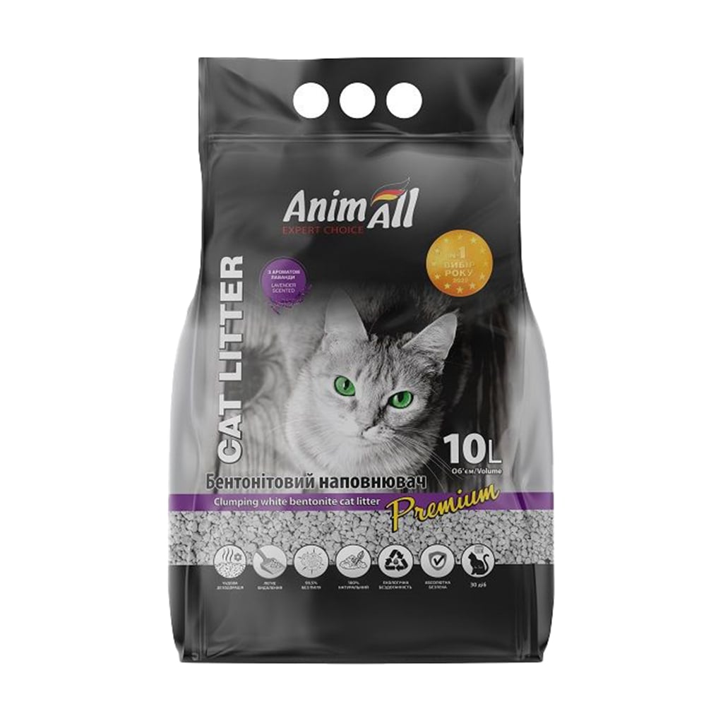 Бентонітовий наповнювач для котячого туалету AnimAll Premium білий, з ароматом лаванди, 10 л